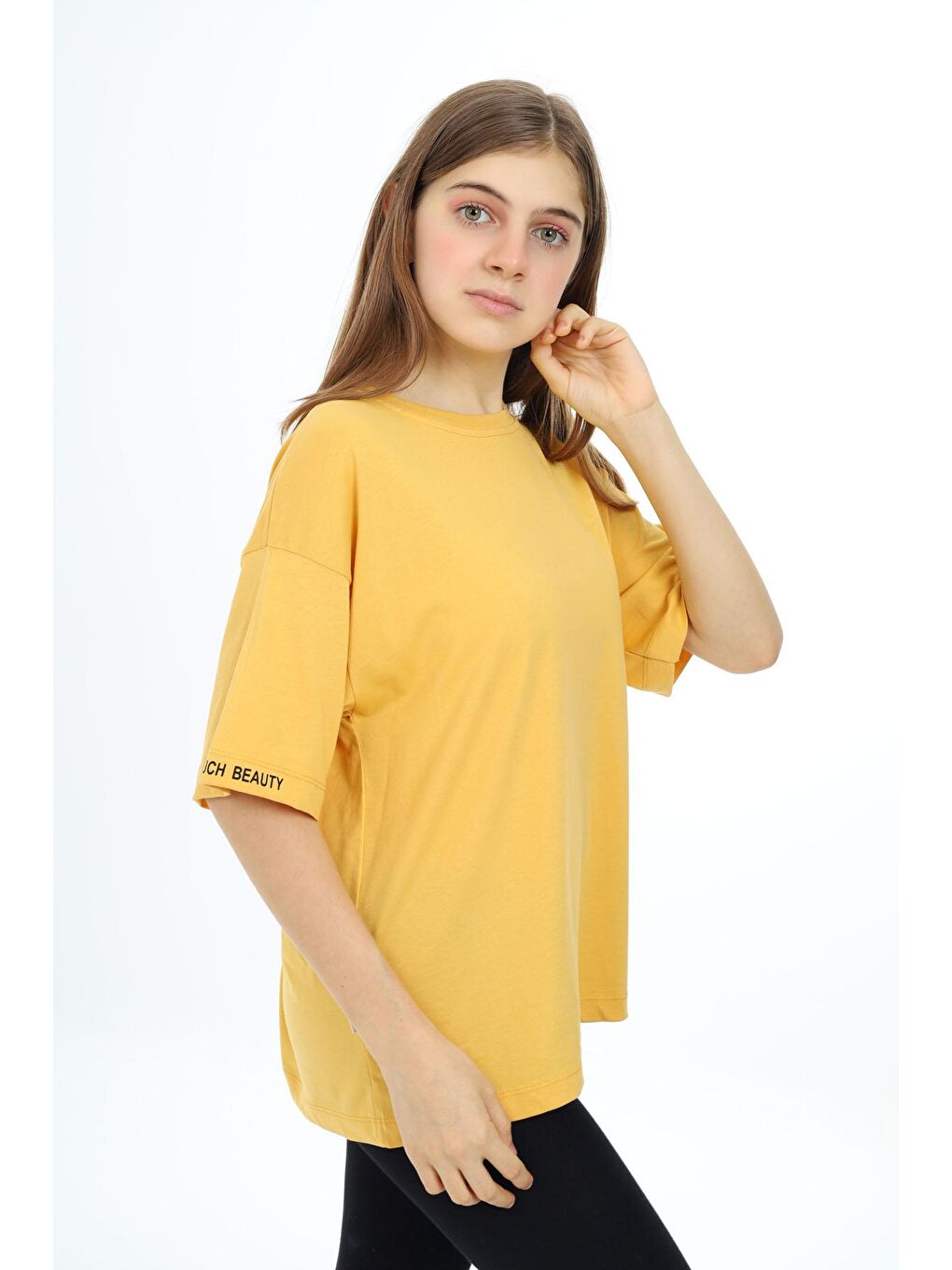 Sarı Hardal Düz Bisiklet Yaka Kız Tişört 18038-1