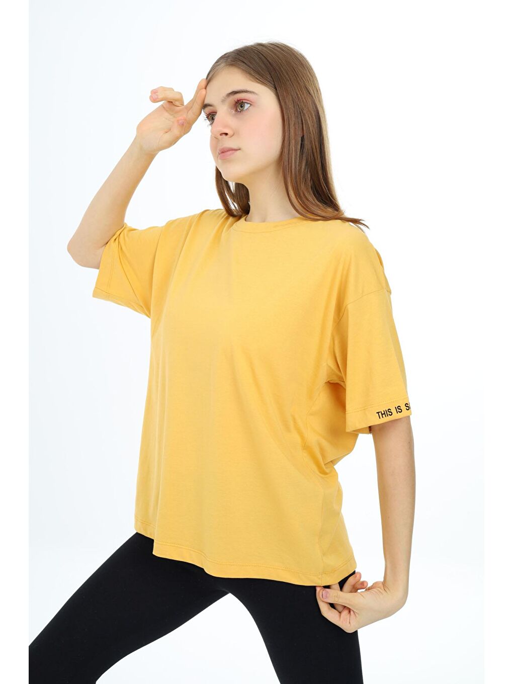 Sarı Hardal Düz Bisiklet Yaka Kız Tişört 18038-2