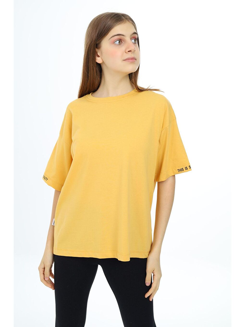 Sarı Hardal Düz Bisiklet Yaka Kız Tişört 18038-3