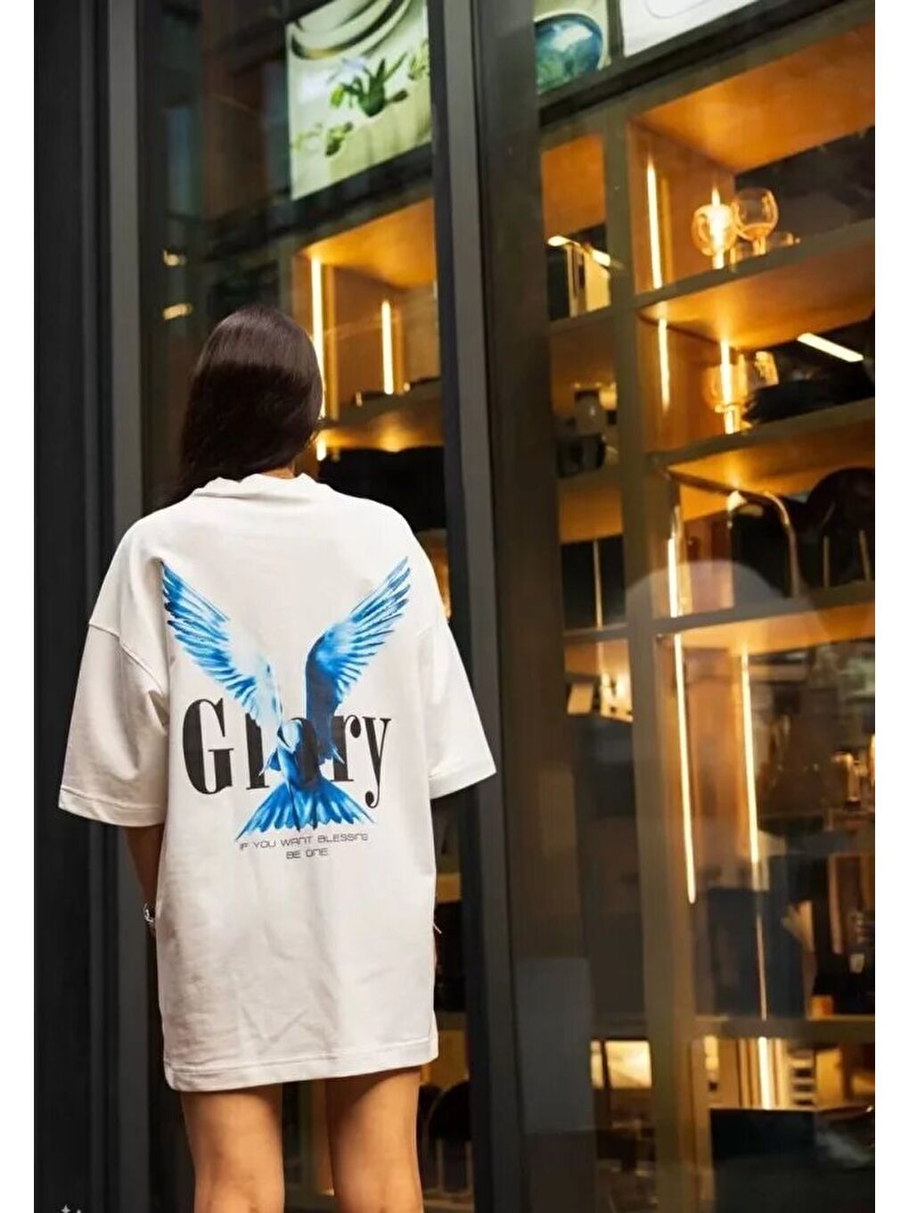 Unisex Bisiklet Yaka Baskılı Oversize T-Shirt - Beyaz-1