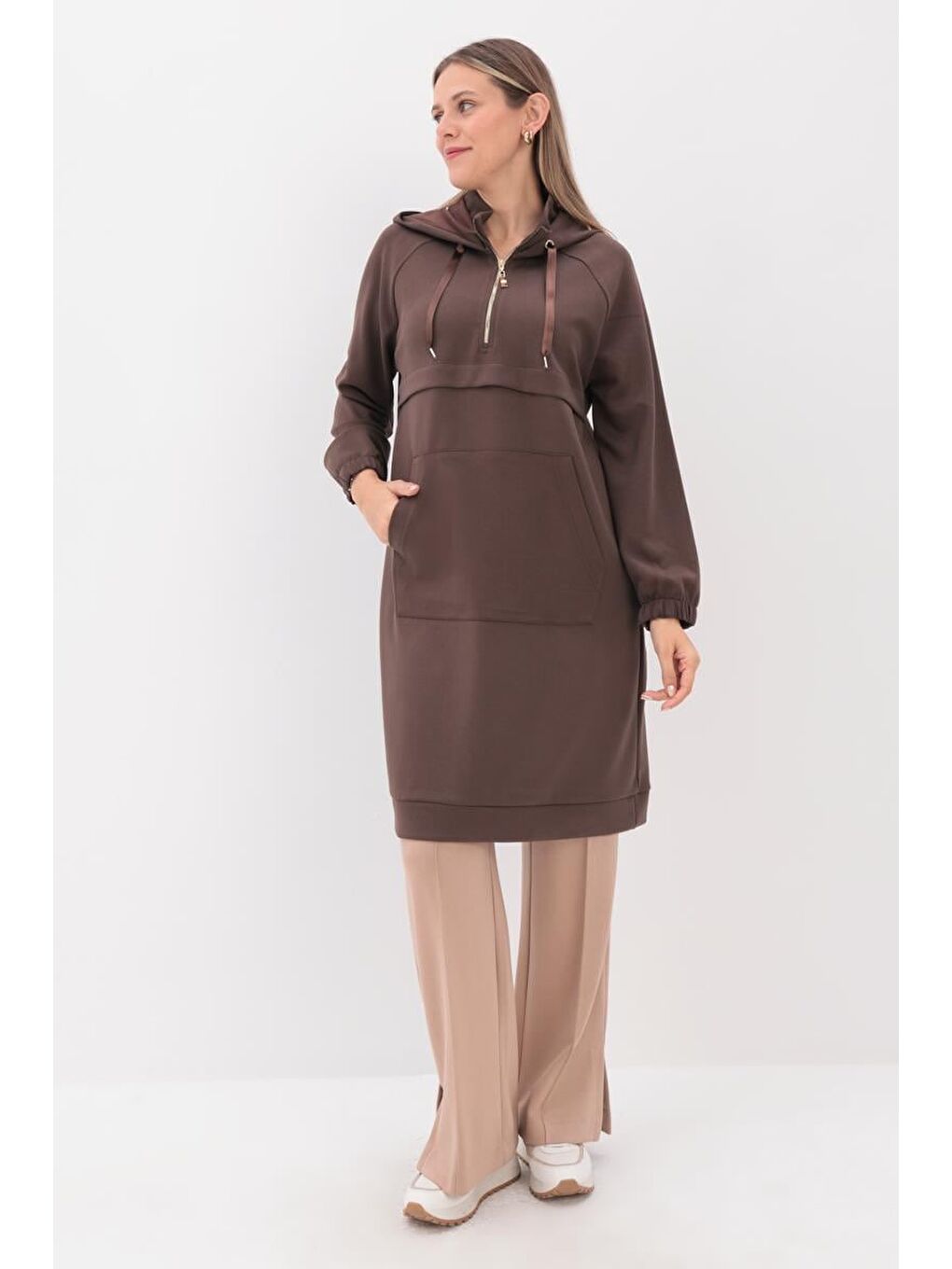 Kahverengi Kahve-Ön Roba Dubleli Sweat Tunik