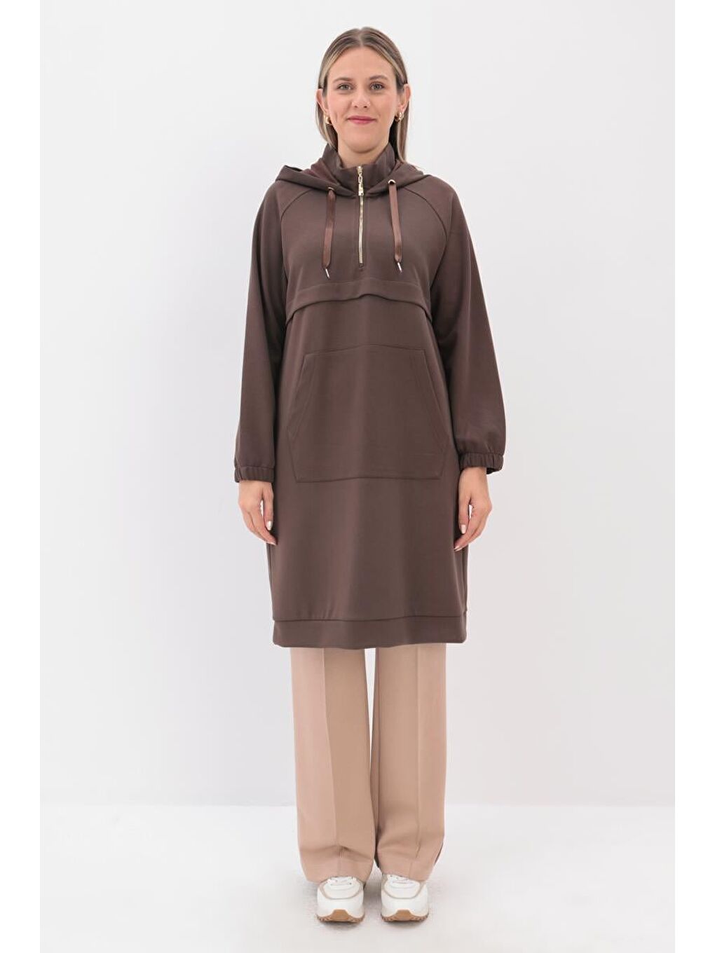 Kahverengi Kahve-Ön Roba Dubleli Sweat Tunik-1