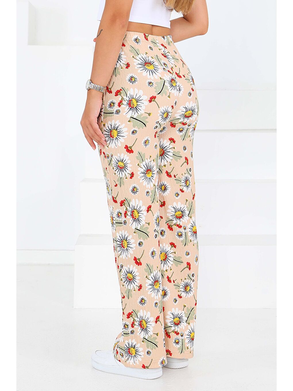 Desenli Beli Lastikli Bürümcük Pantolon Bej - 27679-3