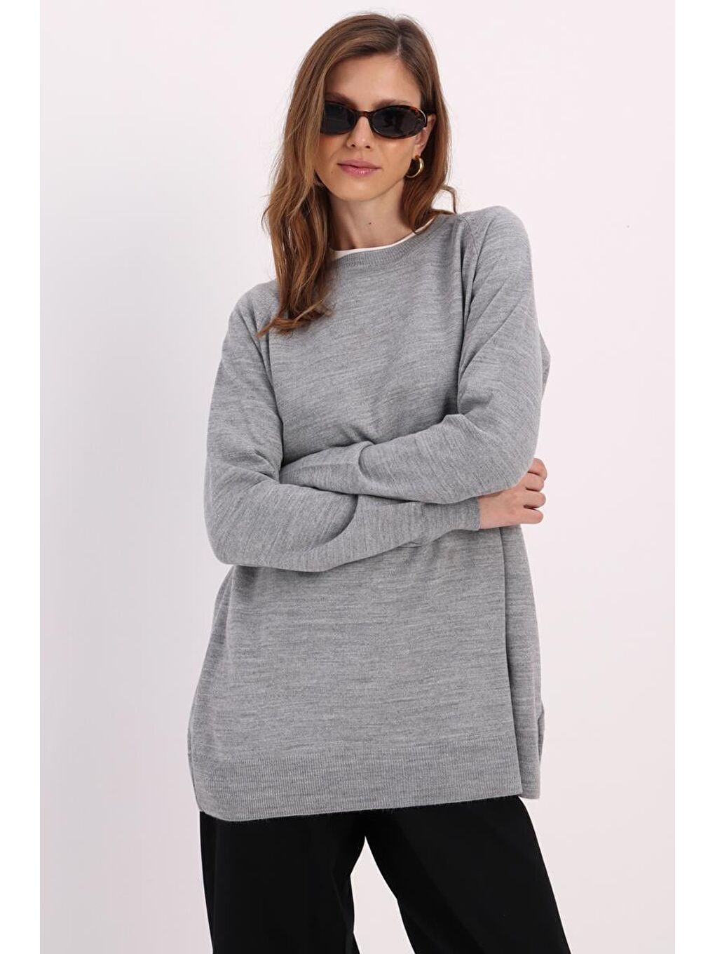 Açık Gri-Basic Reglan Bisiklet Yaka Kazak