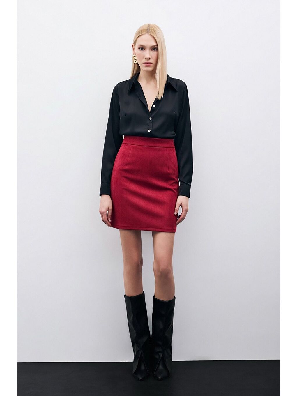 Kısa Süet Etek - Bordo-4