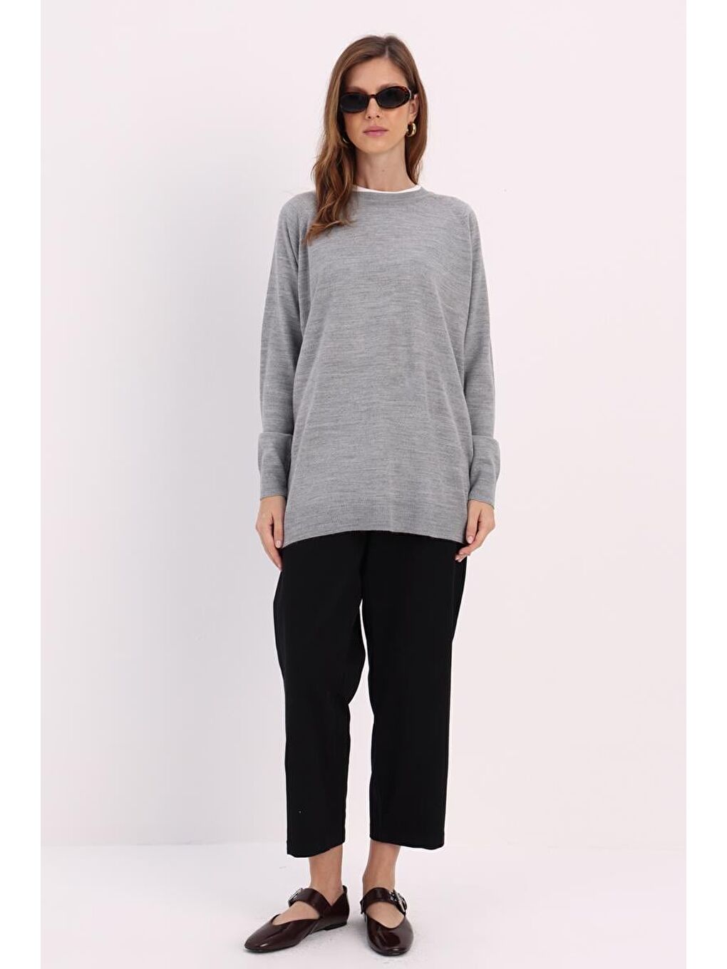 Açık Gri-Basic Reglan Bisiklet Yaka Kazak-1