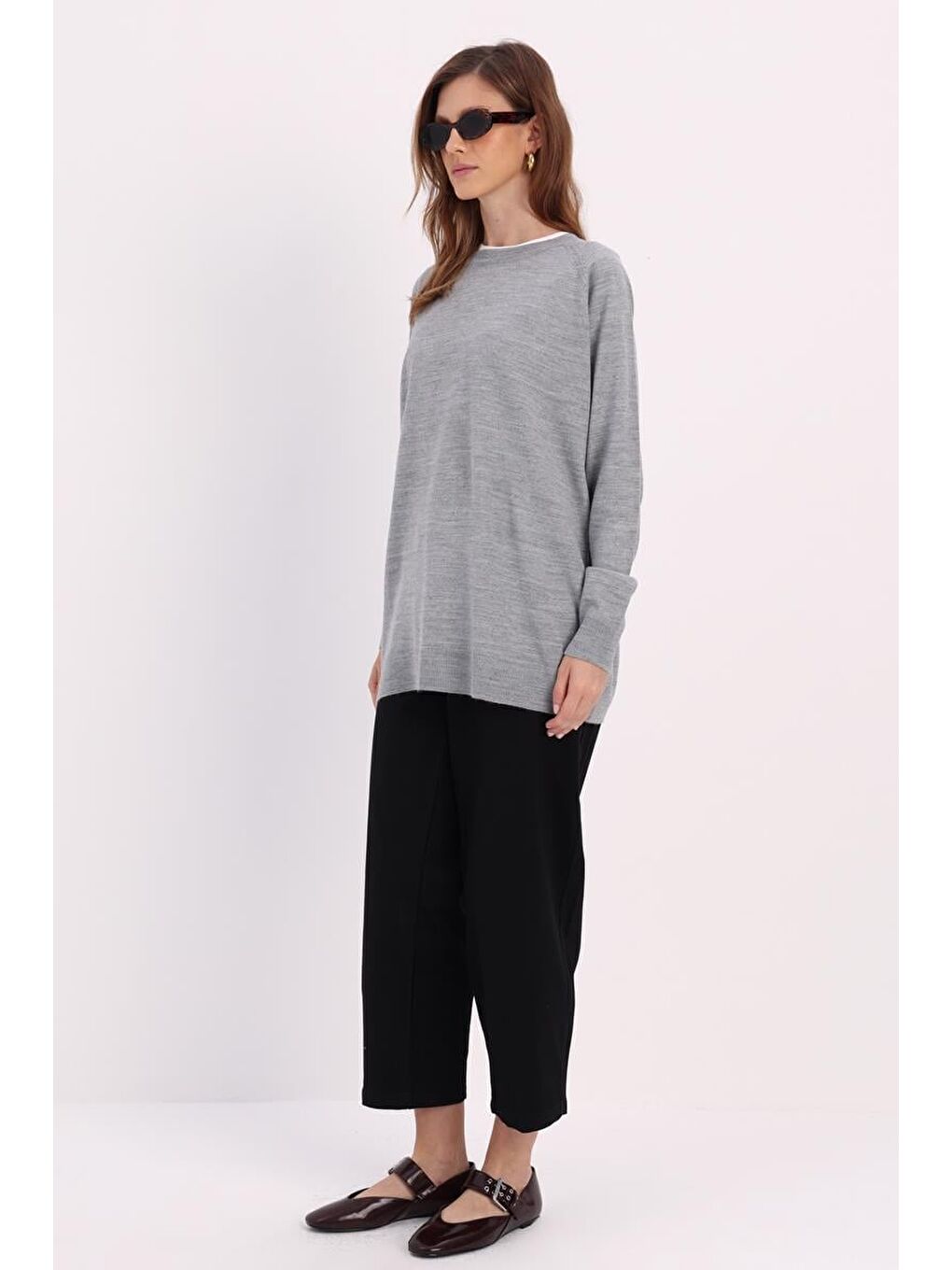 Açık Gri-Basic Reglan Bisiklet Yaka Kazak-2