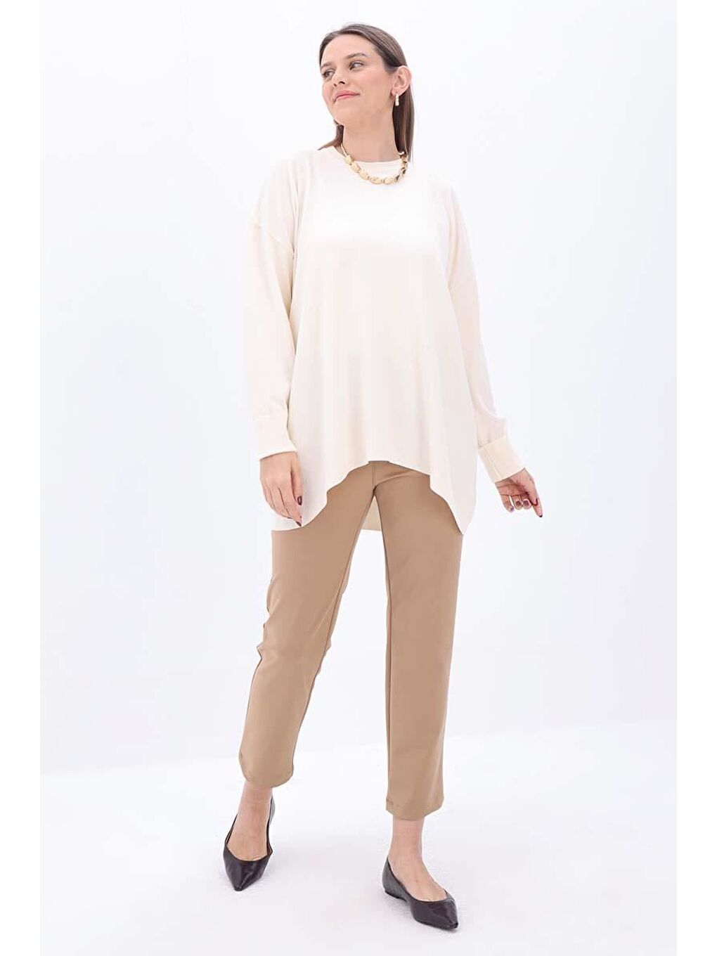 Bej Ten-Bisiklet Yaka Triko Tunik