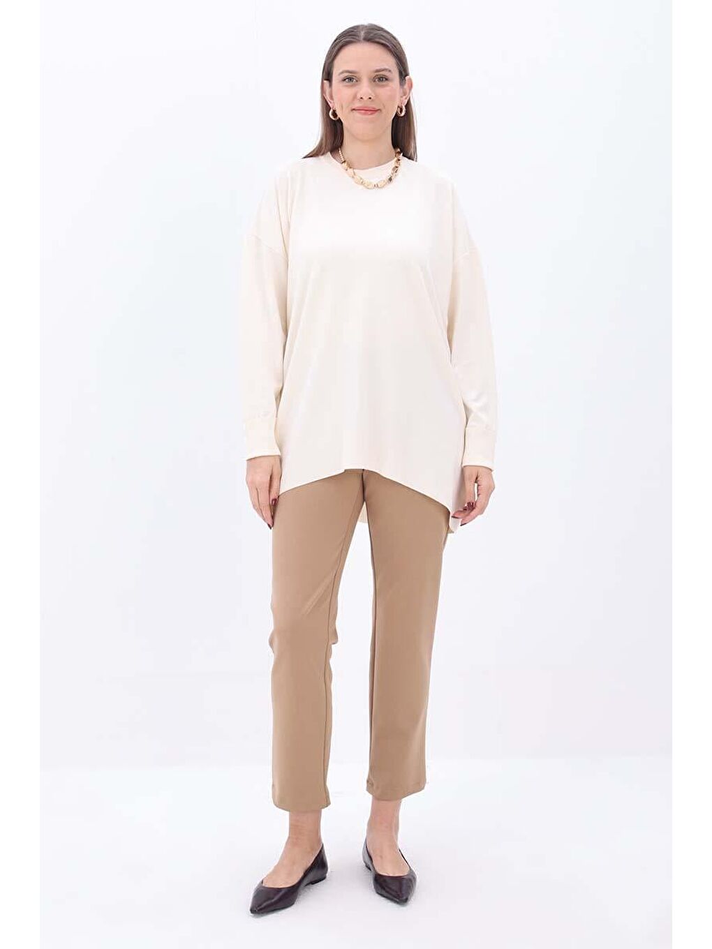 Bej Ten-Bisiklet Yaka Triko Tunik-1