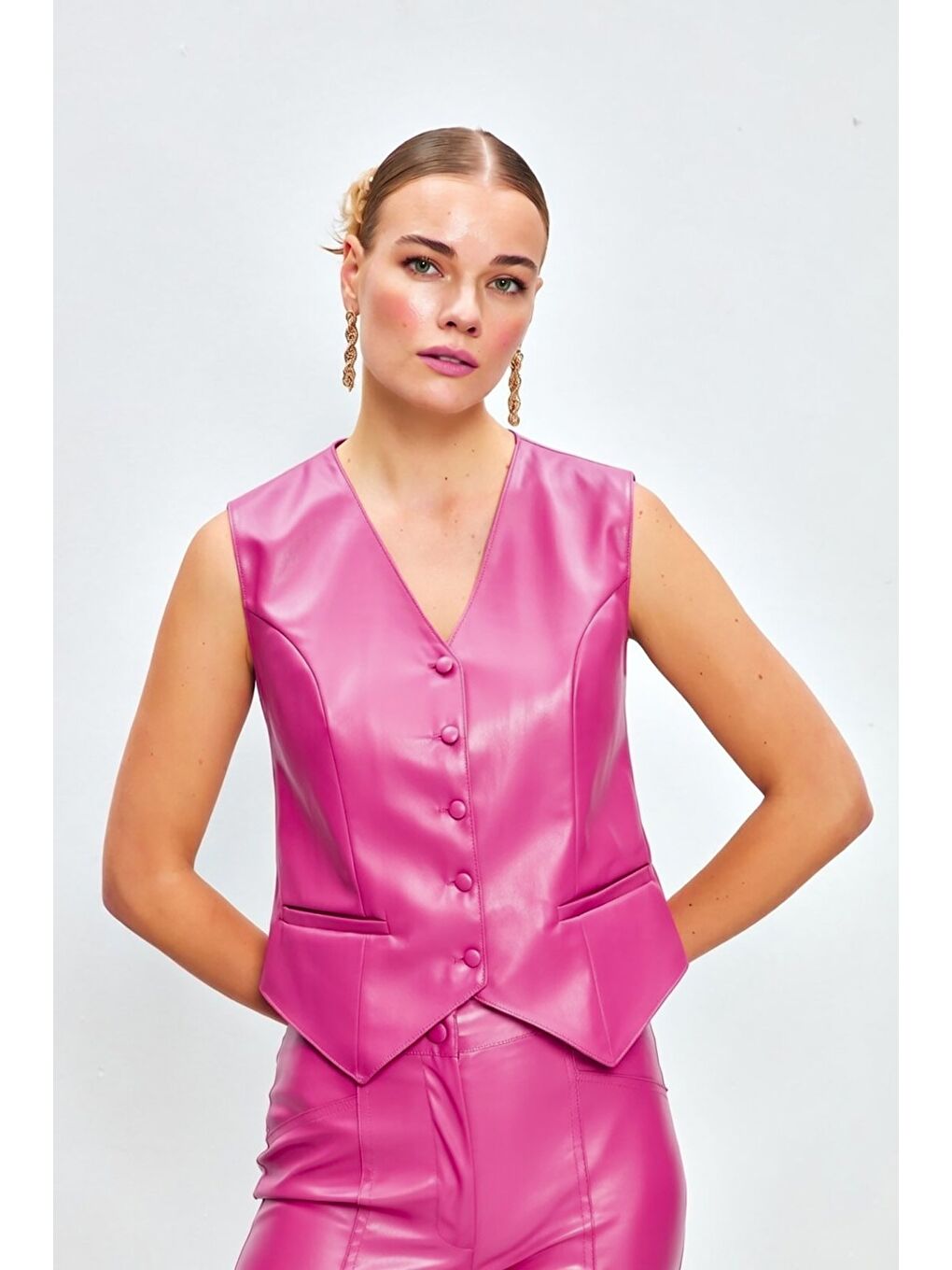 Düğme Detaylı Deri Yelek - Fuşya-2