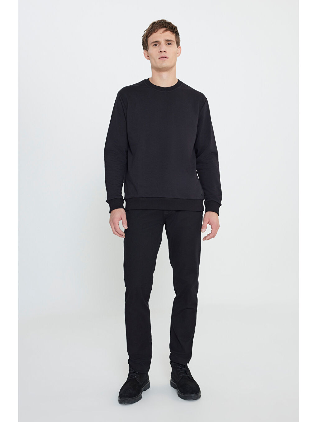 Erkek Siyah Standart Fit Normal Kesim Bisiklet Yaka Pamuklu Sweatshirt-1