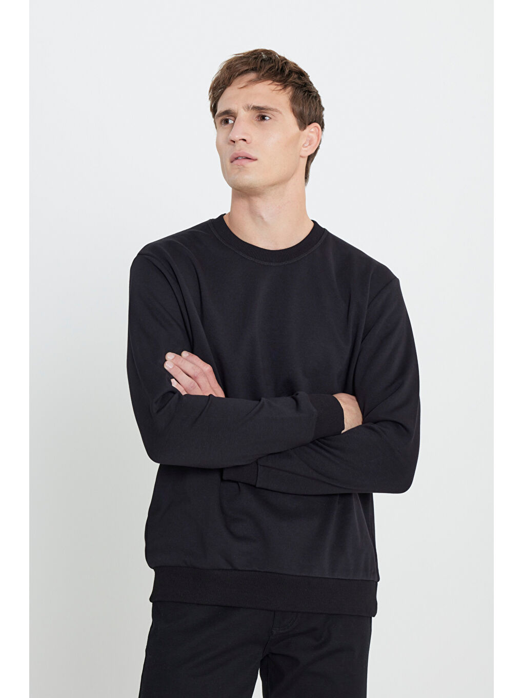 Erkek Siyah Standart Fit Normal Kesim Bisiklet Yaka Pamuklu Sweatshirt-2