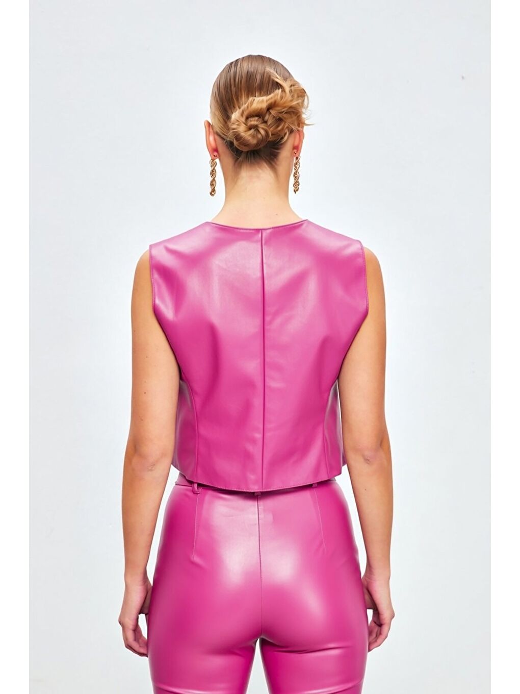Düğme Detaylı Deri Yelek - Fuşya-3