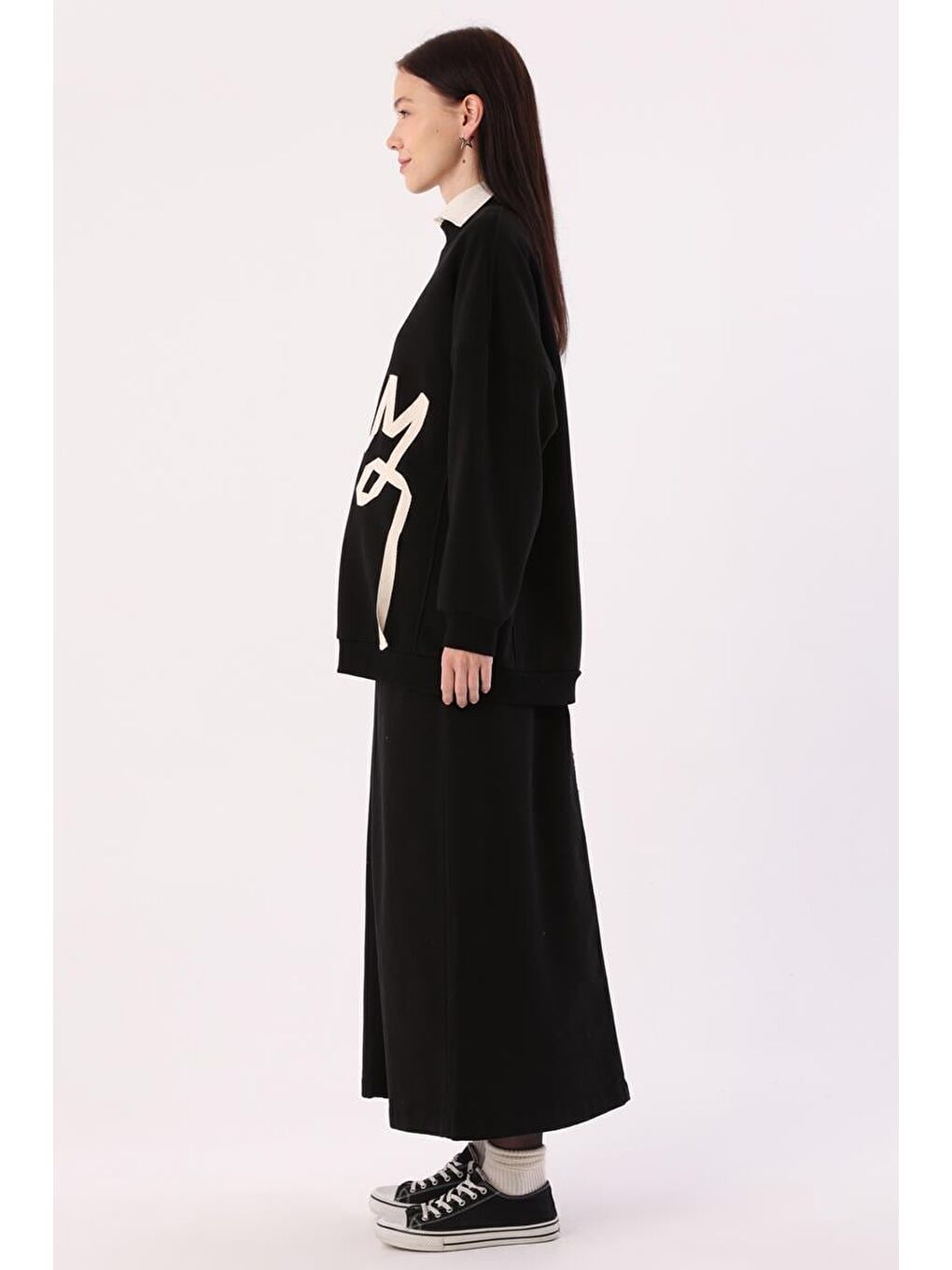 Siyah-Oversize Şardonlu Şerit Detaylı Sweatshirt-2