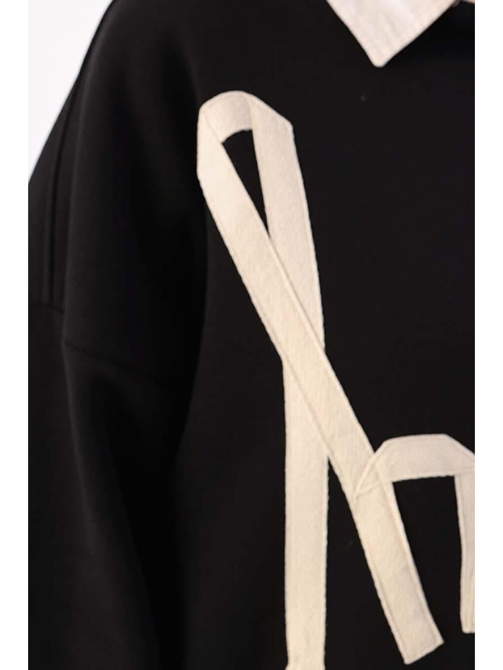 Siyah-Oversize Şardonlu Şerit Detaylı Sweatshirt-4