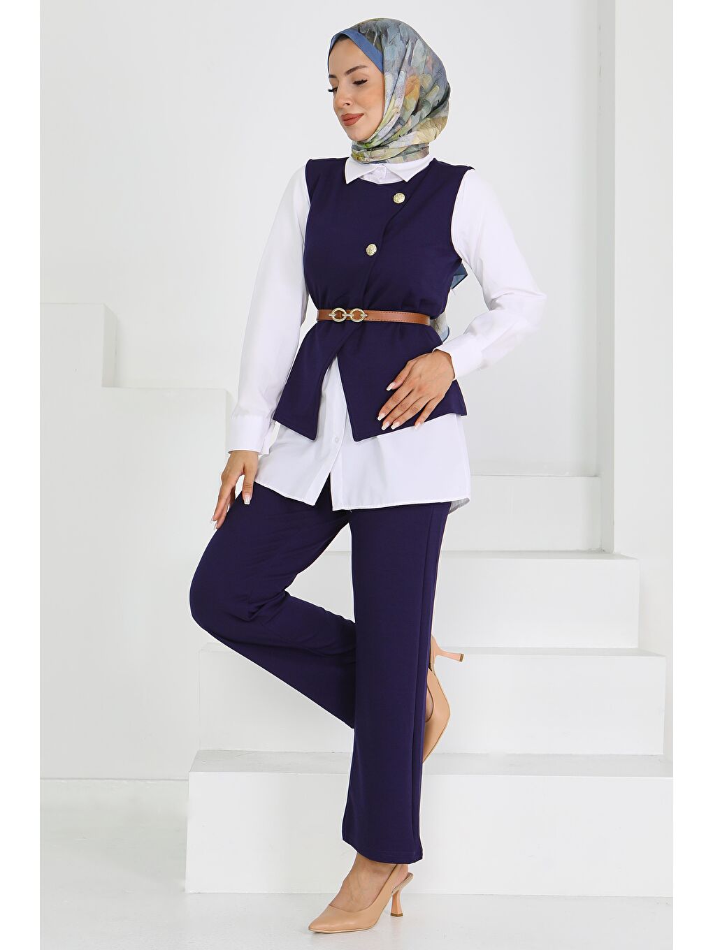 Kemerli Yelek Pantolon Mira Takım Lacivert - 27612