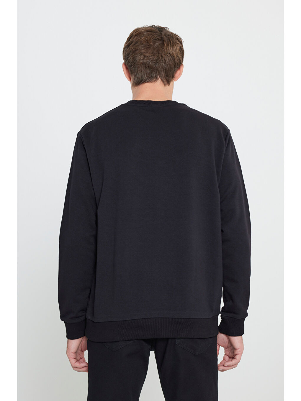 Erkek Siyah Standart Fit Normal Kesim Bisiklet Yaka Pamuklu Sweatshirt-4