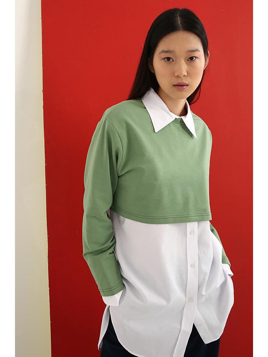 Yeşil-Bisiklet Yaka Uzun Kollu Crop