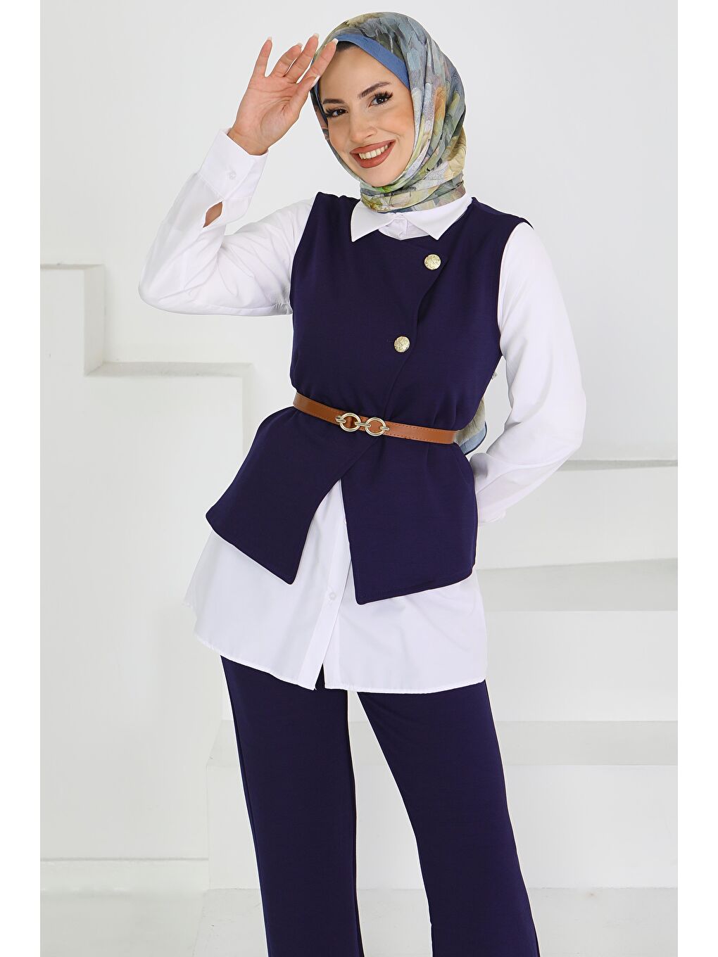 Kemerli Yelek Pantolon Mira Takım Lacivert - 27612-1