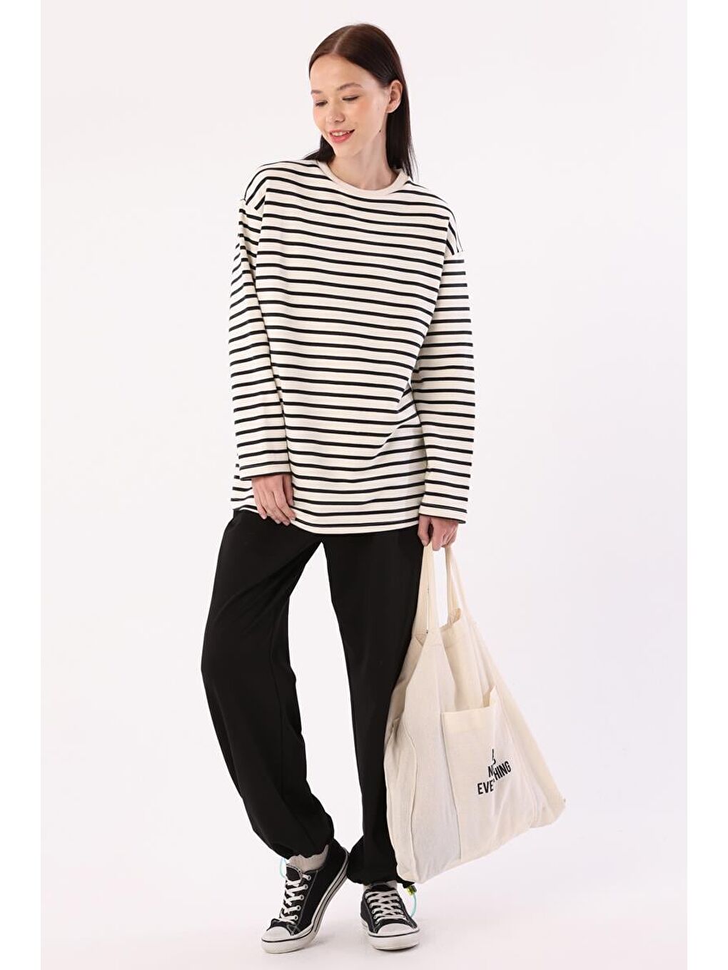 Lila Ekru-Siyah-Çizgili Oversize Sweatshirt