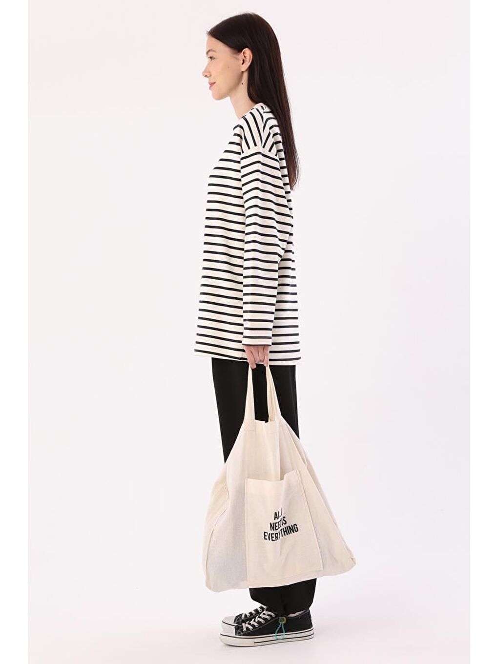 Lila Ekru-Siyah-Çizgili Oversize Sweatshirt-2