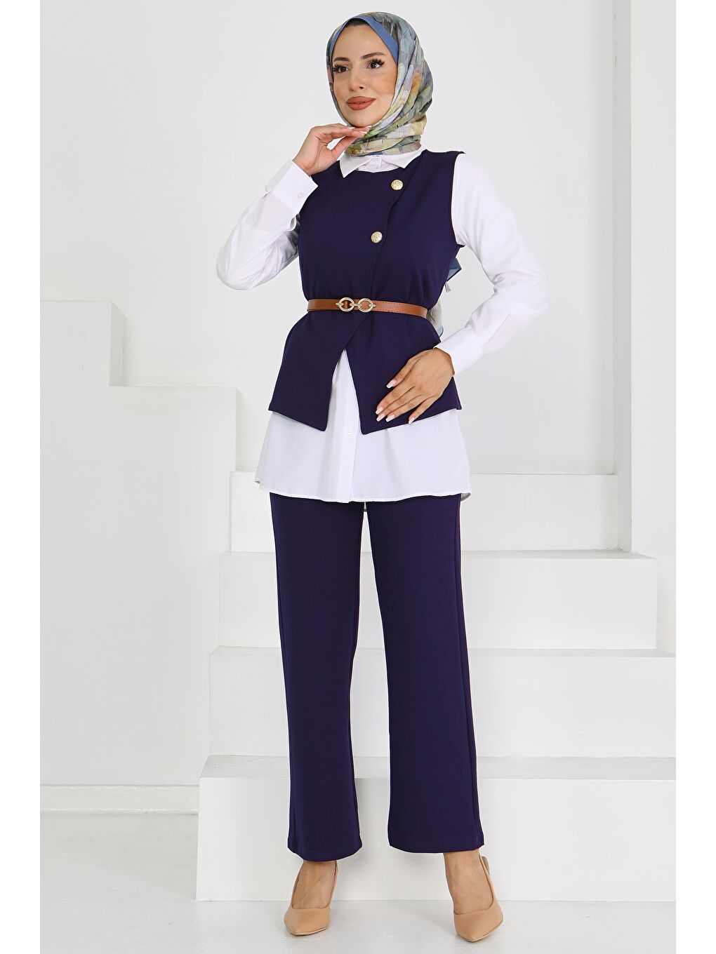 Kemerli Yelek Pantolon Mira Takım Lacivert - 27612-2