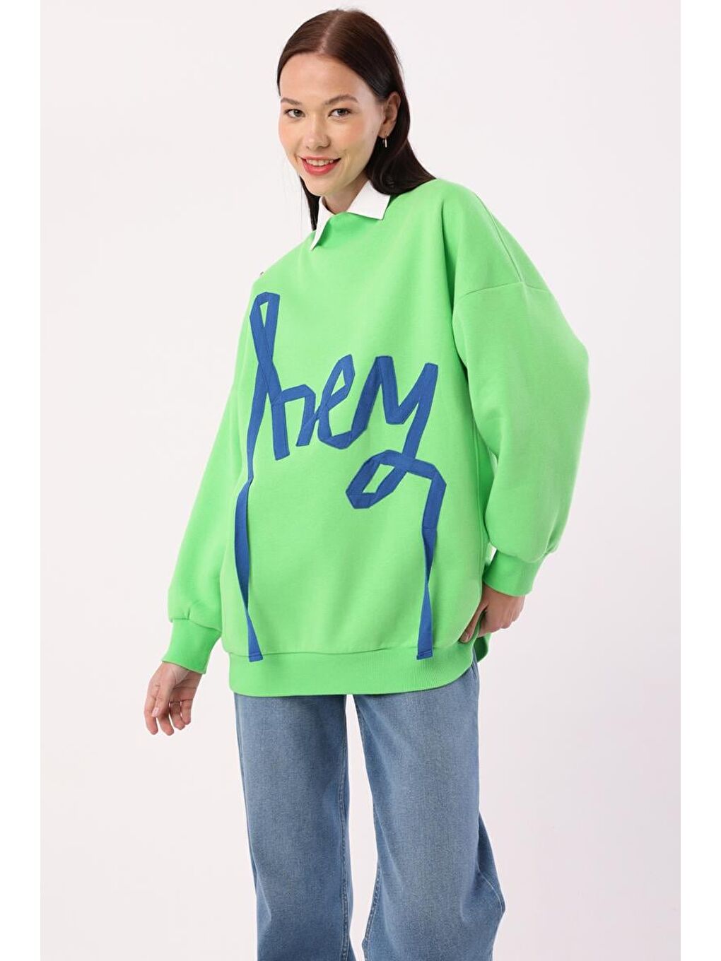 Neon Yeşil-Oversize Şardonlu Şerit Detaylı Sweatshirt