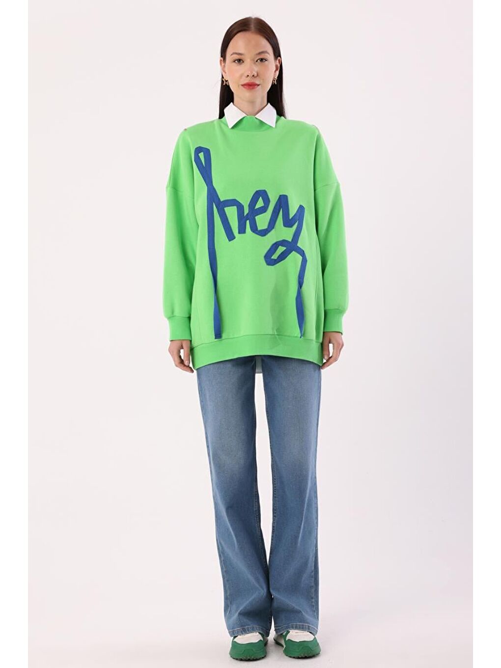 Neon Yeşil-Oversize Şardonlu Şerit Detaylı Sweatshirt-1