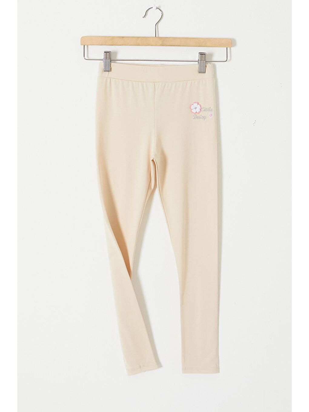 Ekru Krem Çiçek Nakış Detaylı Kız Çocuk Tayt-1