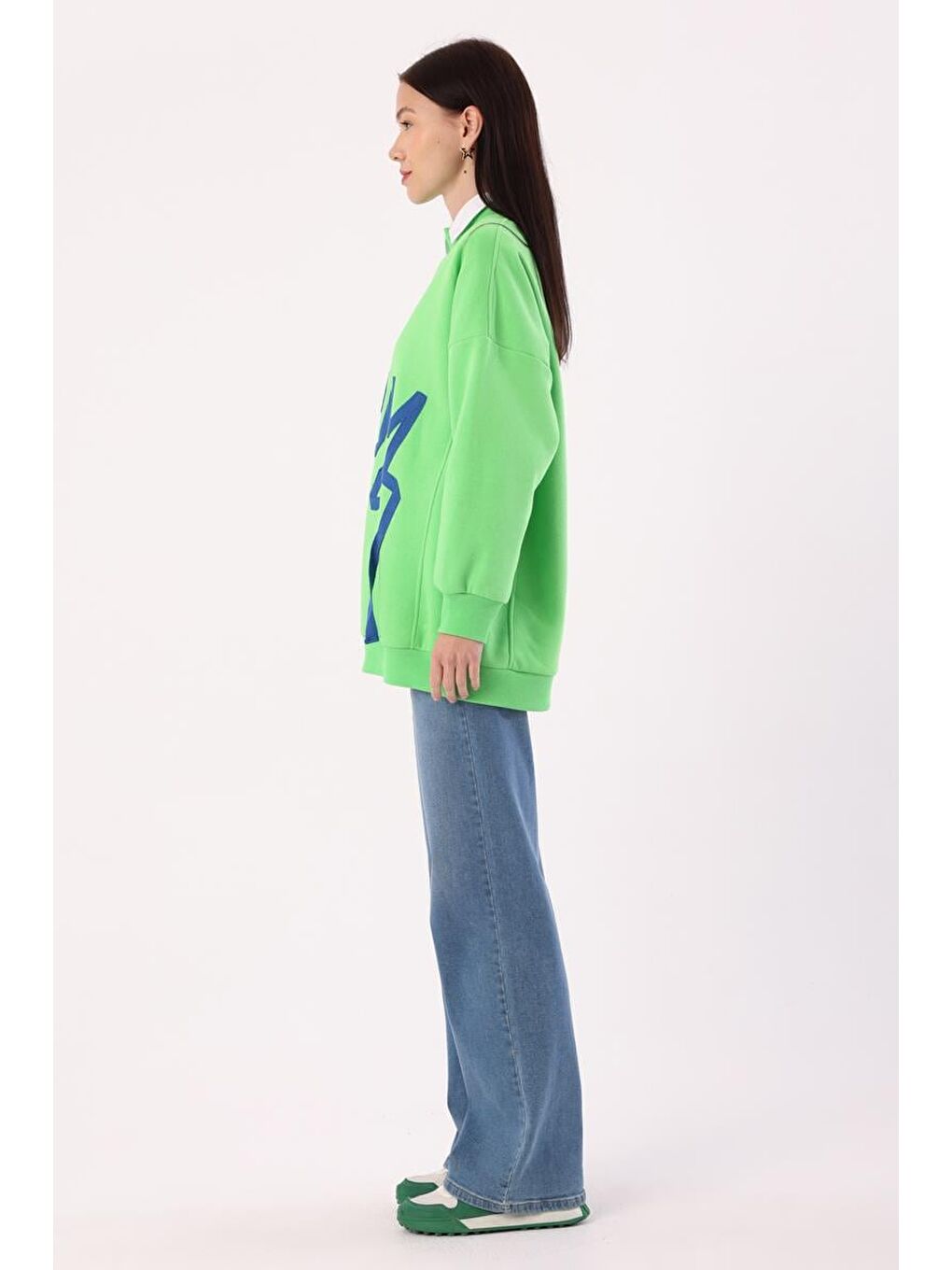 Neon Yeşil-Oversize Şardonlu Şerit Detaylı Sweatshirt-2