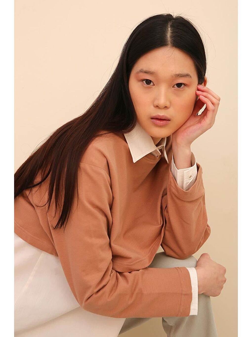 Koyu Bej-Bisiklet Yaka Uzun Kollu Crop