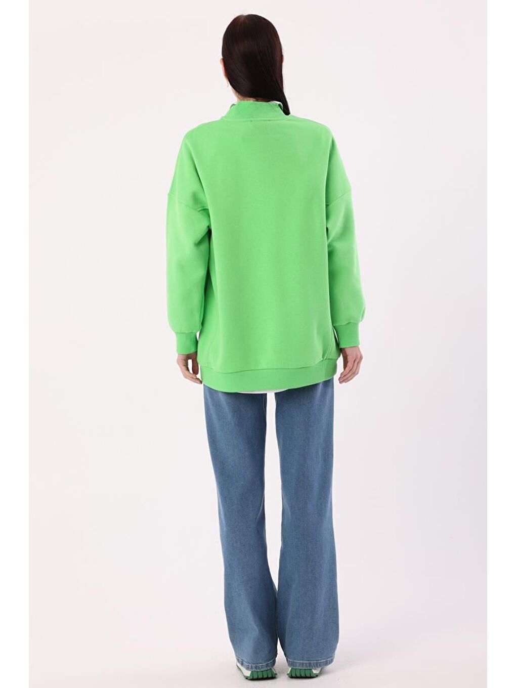 Neon Yeşil-Oversize Şardonlu Şerit Detaylı Sweatshirt-3