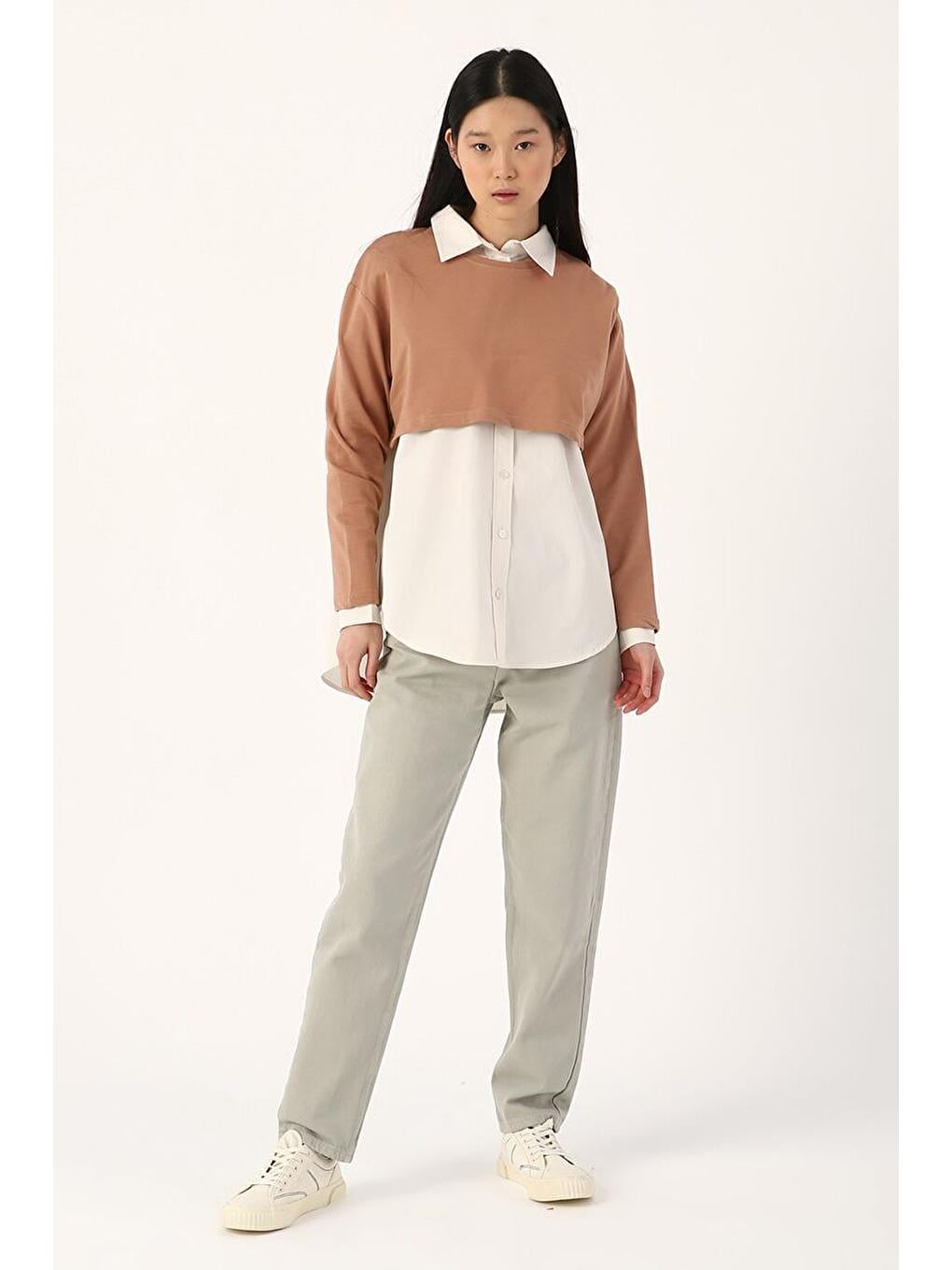 Koyu Bej-Bisiklet Yaka Uzun Kollu Crop-1