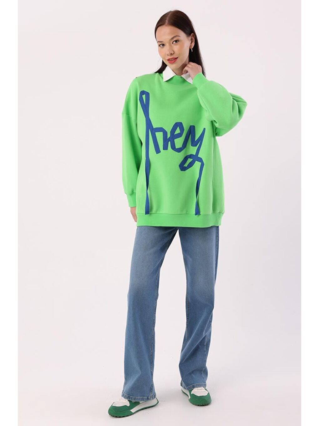 Neon Yeşil-Oversize Şardonlu Şerit Detaylı Sweatshirt-4