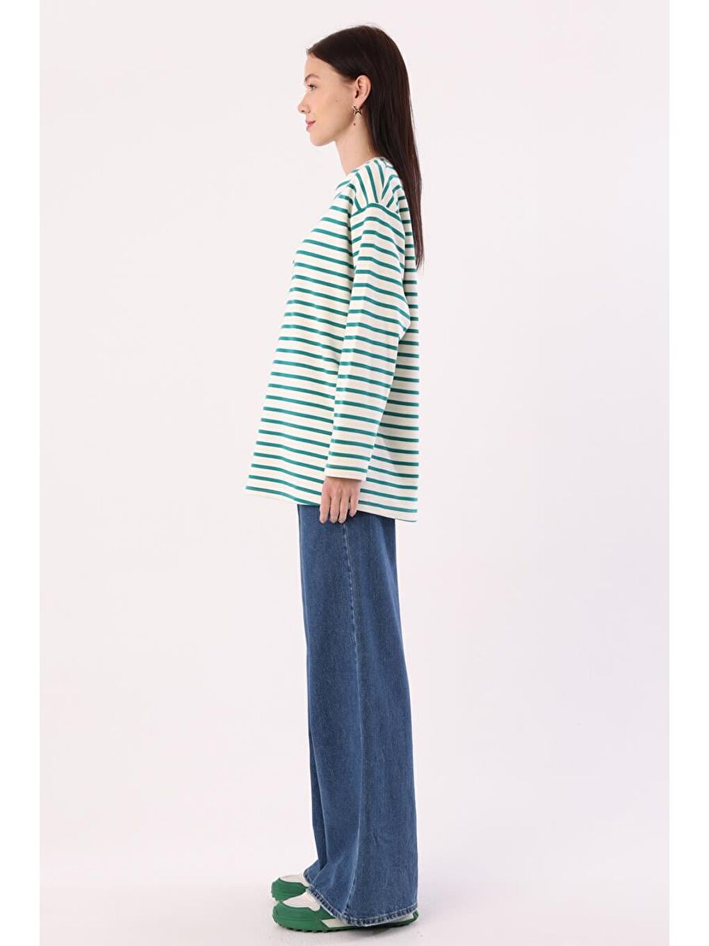 Ekru-Petrol-Çizgili Oversize Sweatshirt-2