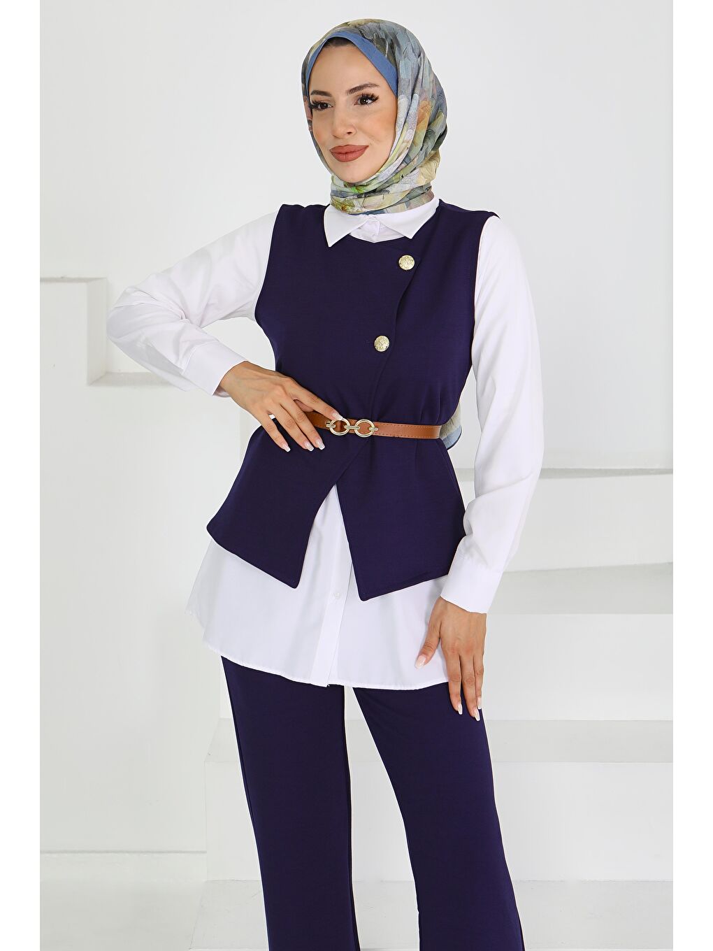 Kemerli Yelek Pantolon Mira Takım Lacivert - 27612-3