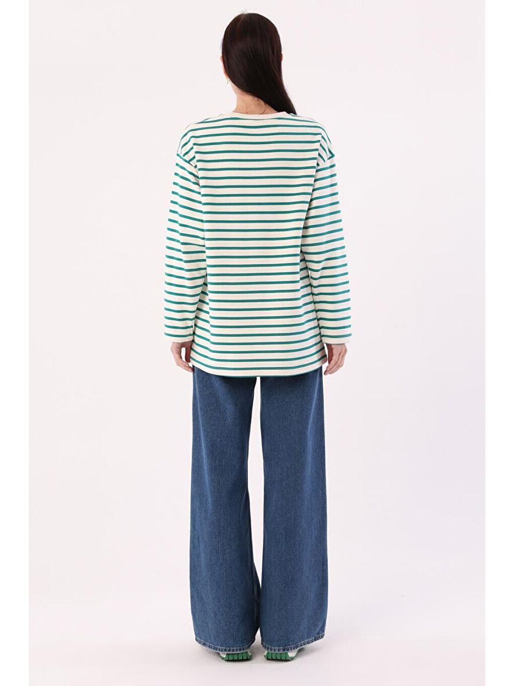 Ekru-Petrol-Çizgili Oversize Sweatshirt-3