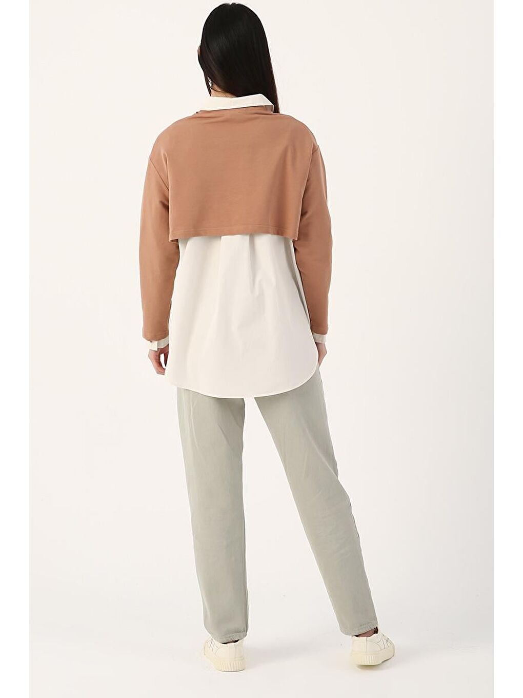 Koyu Bej-Bisiklet Yaka Uzun Kollu Crop-3