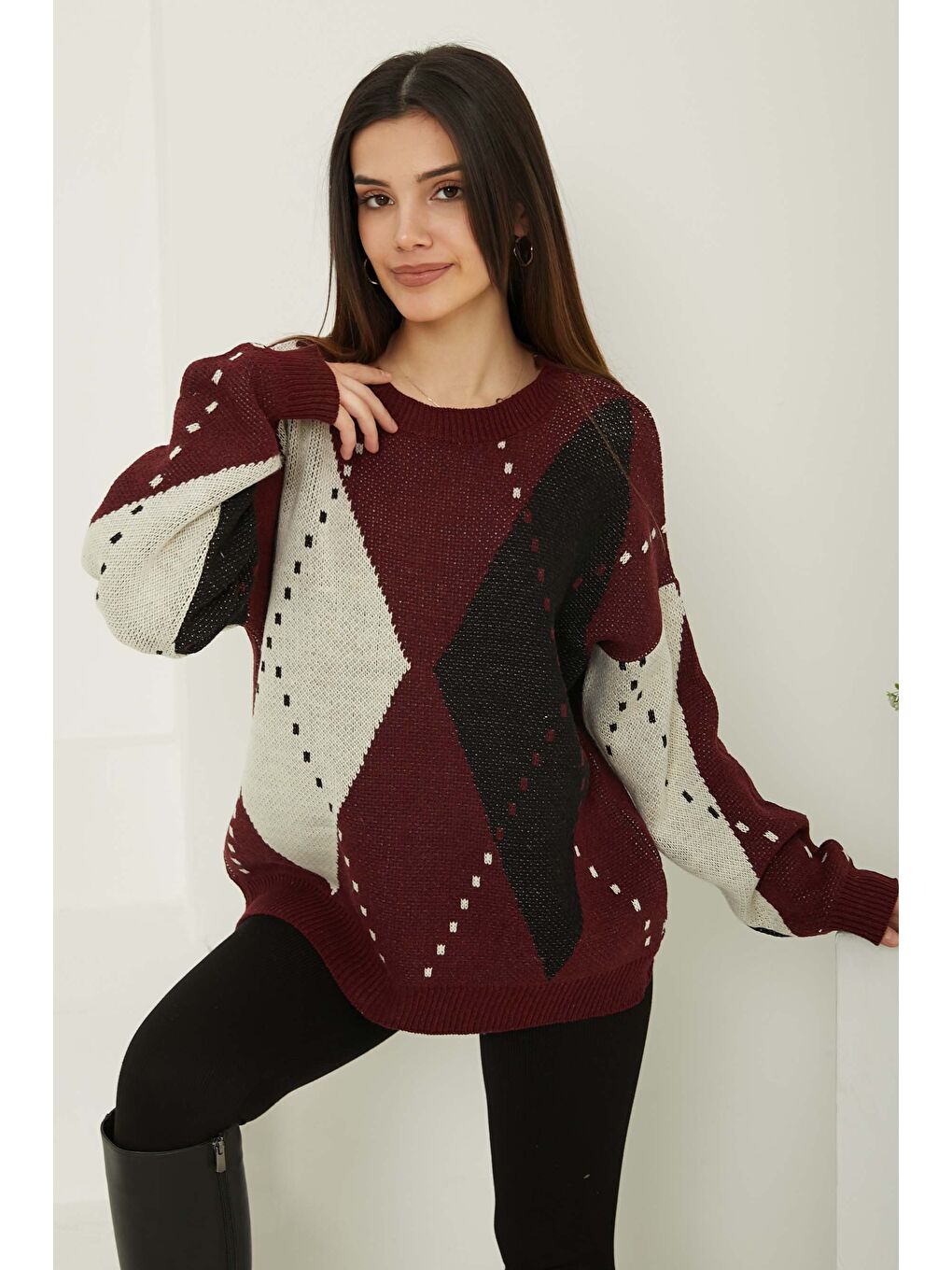 Baklava Desen Triko Kazak Beyaz Bordo - 27671-1