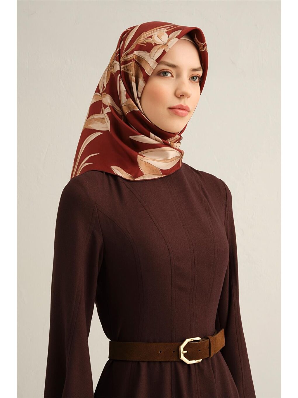 Bordo Çiçek Desenli Saf İpek Twill Eşarp 9324 57-1