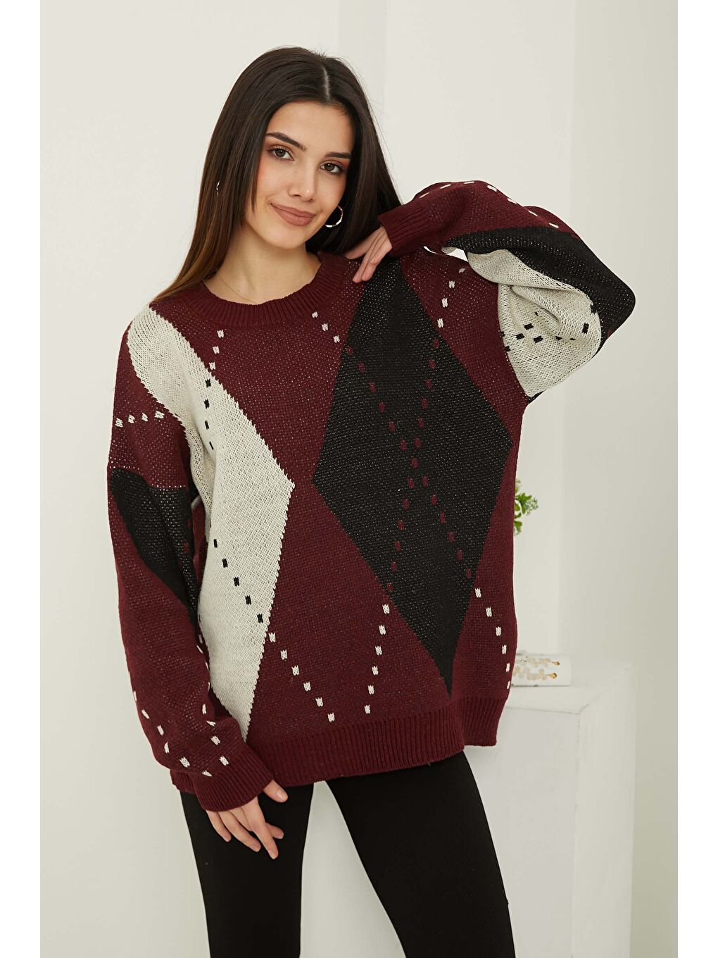 Baklava Desen Triko Kazak Beyaz Bordo - 27671-2