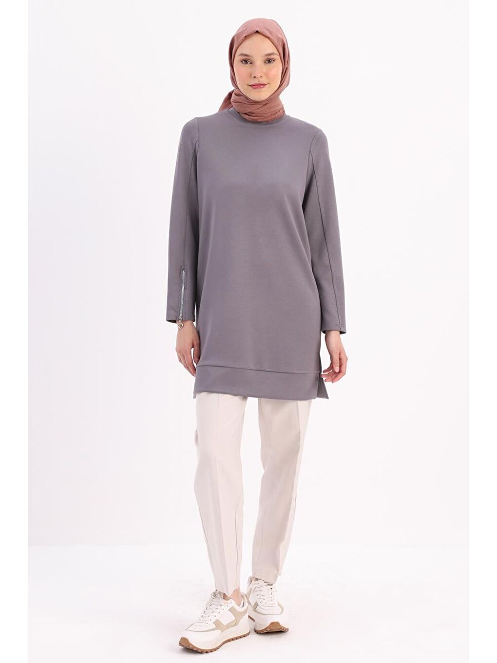 Gri-Kolu Fermuarlı Tunik-1