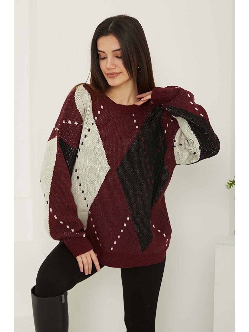 Baklava Desen Triko Kazak Beyaz Bordo - 27671-3