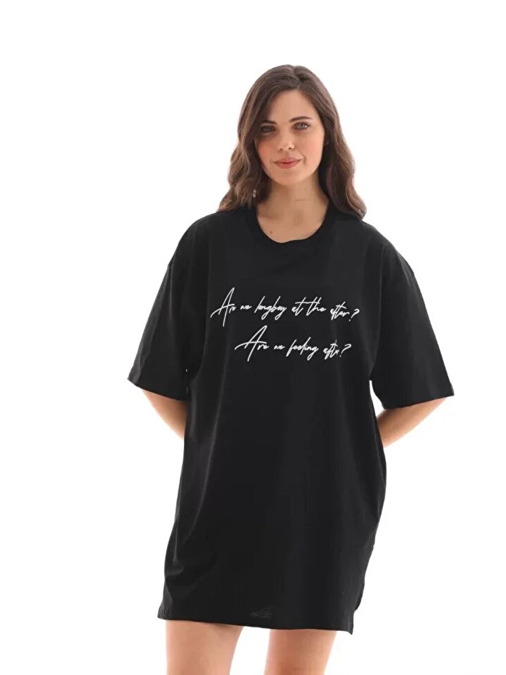 Unisex Bisiklet Yaka Baskılı Oversize T-Shirt - Siyah-1