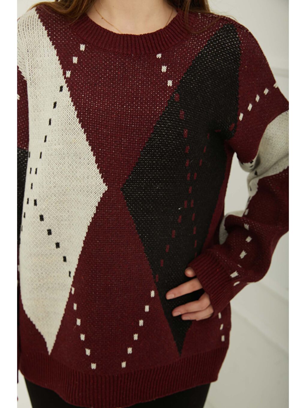 Baklava Desen Triko Kazak Beyaz Bordo - 27671-4