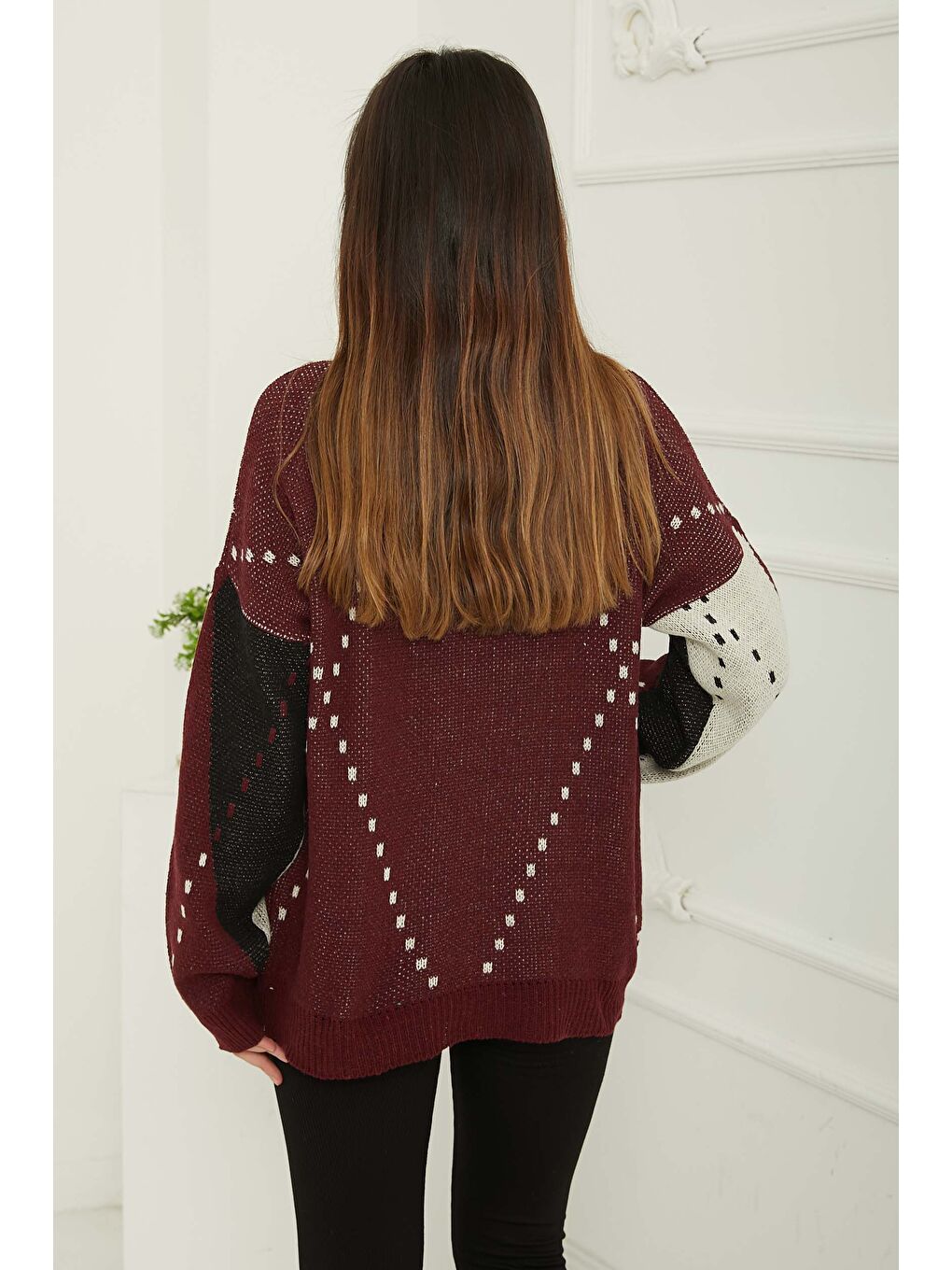 Baklava Desen Triko Kazak Beyaz Bordo - 27671-5