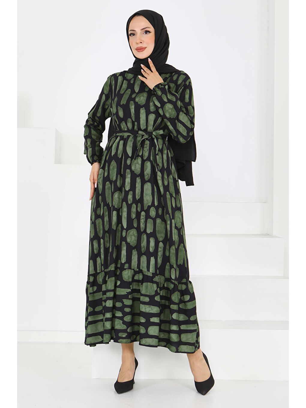 Desenli Kuşaklı Elbise Haki - 27519