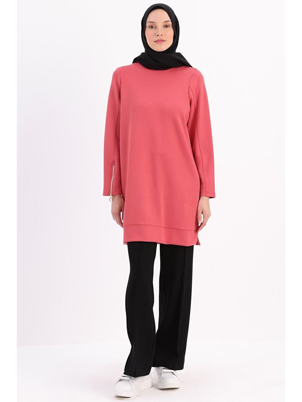 Pembe Açık Gül-Kolu Fermuarlı Tunik-1