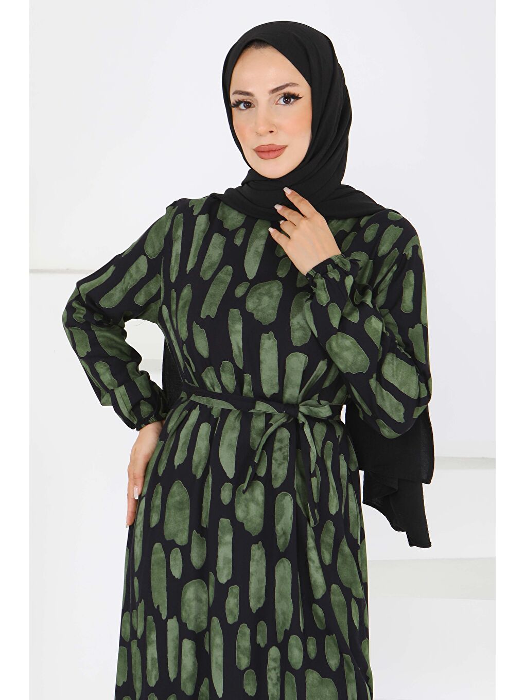 Desenli Kuşaklı Elbise Haki - 27519-1