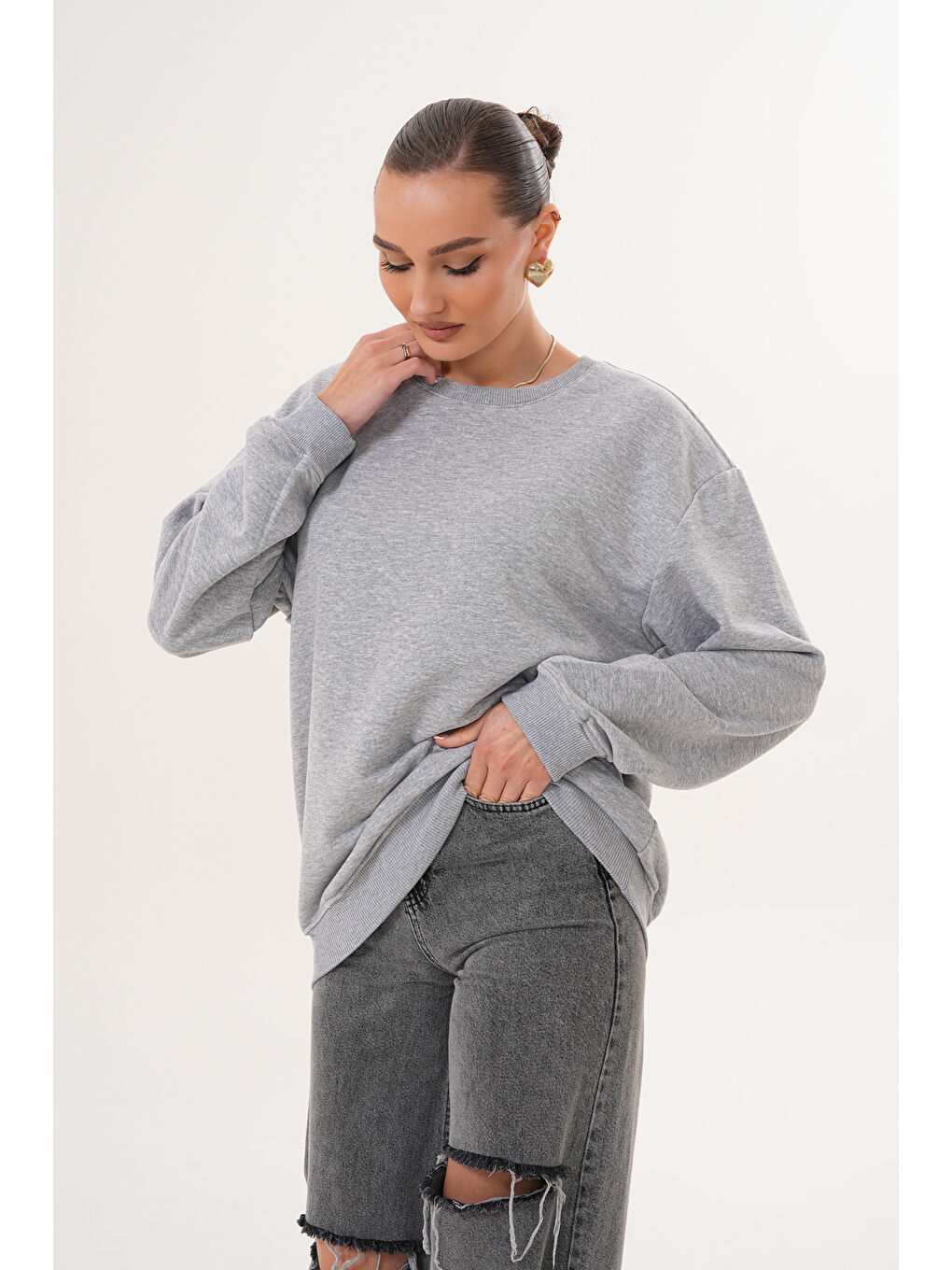 Gri Unisex Bisiklet Yaka %100 Pamuk Basic Sweatshirt